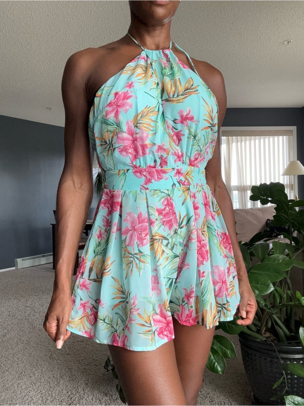 NWT Teal blue floral backless romper